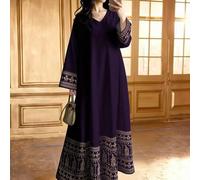 Shein Vestido de manga larga con cuello en V con estampado simétrico floral y geométrico para mujeres, vestido de estilo árabe elegante, primavera/verano