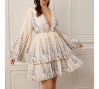 Shein Vestido de manga larga con cuello en V, estampado floral del Reino Celestial, bajo plisado, corte inclusivo con estampado artístico, uso diario adelga
