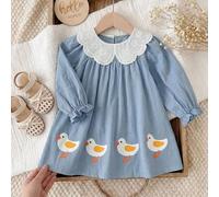 Shein Vestido de manga larga con cuello Peter Pan azul, estampado de dibujos animados, lindo y dulce para bebé niña
