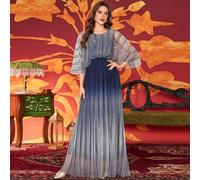 Shein Vestido de manga larga con cuello redondo, adorno de strass, dobladillo degradado, cintura ceñida, elegante, para fiesta, boda, invitada, formal, noch