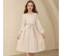 Shein Vestido de manga larga con cuello redondo, cintura ceñida y pliegues hasta la mitad del largo con cinturón a juego, adecuado para volver al colegio, N