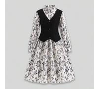Shein Vestido de manga larga con cuello y estampado floral en blanco y negro para niñas preadolescentes en primavera/otoño, con botones de ámbar marrón y ch