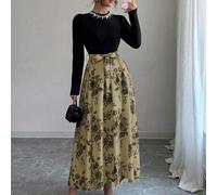 Shein Vestido de manga larga con decoración de perlas 3D, parches florales y elástico, adecuado para fiestas, vacaciones de otoño/invierno y primavera, eleg