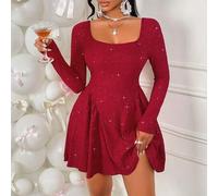 Shein Vestido de manga larga con escote cuadrado, detalles brillantes y espalda descubierta, falda acampanada para mujeres Amarilo, ideal para citas y fiest