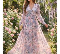 Shein Vestido de manga larga con estampado floral y línea A, con mangas con volantes y cinturón en la cintura, estilo de vacaciones, verano, primavera de ja