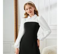 Shein Vestido de manga larga de colegiala elegante de 2 en 1 con cuello y contraste de colores para niña adolescente