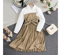 Shein Vestido de manga larga de dos piezas falso, de estilo dulce y adorable, para niñas preadolescentes, con parte superior blanca que se empalma con una f