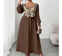 Shein Vestido de manga larga de estilo francés vintage con bloques de color 2 en 1 para mujer de talla grande, adecuado para graduación, vacaciones, Día de