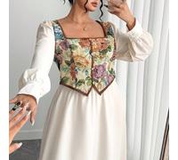 Shein Vestido de manga larga de estilo francés vintage con bloques de color 2 en 1 para mujer de talla grande, adecuado para graduación, vacaciones, Día de