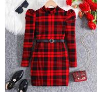 Shein Vestido de manga larga de punto ajustado con cuello de pico, manga globo, a cuadros rojos y negros de estilo colegial informal para niñas preadolescen