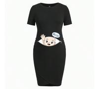Shein Vestido de maternidad ajustado midi de manga corta con gráfico "HELLO" en inglés, cuello con cierre falso, casual y sencillo, apropiado para el verano