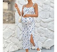 Shein Vestido de maternidad con estampado floral y abertura lateral en el bajo, vestido camisero informal para vacaciones
