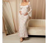 Shein Vestido de maternidad de manga larga de encaje y silueta ajustada con bajo con volantes, blanco, para baby shower