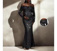 Shein Vestido de maternidad para sesión de fotos, de manga larga, hombros descubiertos, diseño de doble capa, cintura fruncida hasta la mitad de la espalda,