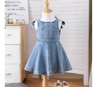 Shein Vestido de mezclilla azul lavado elegante y de moda estilo urbano sin mangas para bebés/niñas pequeñas, con tirantes, decoración de moño, diseño de es