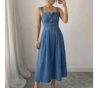 Shein Vestido de mezclilla elegante con diseño de recogido en la cintura y pliegues, para la última temporada de primavera/verano para mujeres