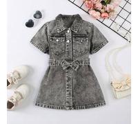 Shein Vestido de mezclilla para niña joven, nuevo lanzamiento de verano estilo chic callejero retro Y2K, mezclilla de algodón lavada en negro & gris, cintur
