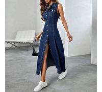 Shein Vestido de mezclilla sin mangas con botones delanteros de una sola estilo casual de calle para mujer, azul oscuro, para uso diario en otoño