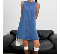 Shein Vestido de mezclilla sin mangas con cuello redondo y espalda abierta con decoración de moño para adolescentes, pantalones cortos de estilo bohemio par