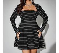 Shein Vestido de moda de manga larga con cuello de cisne de encaje y rayas para mujer de talla grande