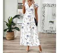 Shein Vestido de mujer con cuello en V, estampado de hojas y flores, talla grande, vestido de talla grande con cintura en línea A que estiliza, ropa de vera