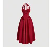 Shein Vestido de mujer con cuello halter, fruncido y lazo, vestido de fiesta rojo, conjunto de ropa de mujer para Nochevieja, vestido de baile de máscaras,