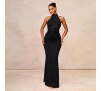Shein Vestido de mujer con cuello halter, plisado jacquard, ajustado con bajo de sirena, perfecto para vacaciones en la playa, citas, salidas, fiestas en di