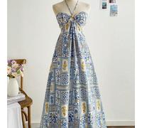 Shein Vestido de mujer con estampado de pájaros y hojas de piña, escote halter, espalda descubierta, cintura con lazo y falda acampanada, estilo tropical su