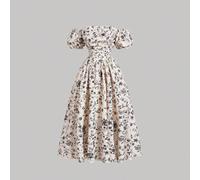 Shein Vestido de mujer con hombros abiertos, mangas abullonadas, estampado floral y tejido en crochet de color azul y blanco, de estilo romántico de verano