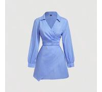 Shein Vestido de mujer con mangas largas, estampado de rayas azul y blanco, con corte cruzado y volantes, para tallas grandes, ropa de negocios para mujer,