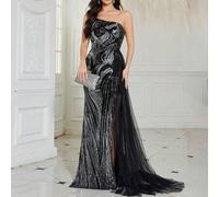 Shein Vestido de mujer de corte aleatorio con hombros inclinados, espalda descubierta, sin mangas, con lentejuelas, parches de tela de malla y ajuste ceñido