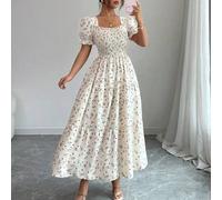 Shein Vestido de mujer de corte evasé con cuello cuadrado, cintura ceñida y diseño de parches con estampado floral diminuto