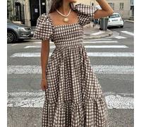 Shein Vestido de mujer de cuadros elegante y bohemio con volantes y pliegues en el bajo, de color marrón café, para primavera/verano/principios de otoño, id