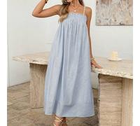 Shein Vestido de mujer de largo medio sin mangas con ribete de oreja de madera, falda fruncida, vestido de sol, vestido de muñeca, tirantes de espagueti, te