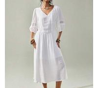 Shein Vestido de mujer de longitud media estilo bohemio, tela tejida sólida con parches de encaje, escote en V profundo, ribete de encaje simétrico, mangas