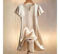 Shein Vestido de mujer de manga corta con decoraciones de perlas en el cuello y tela de satén con textura brillante. Es un vestido de verano para damas, rop