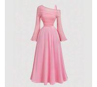 Shein Vestido de mujer de manga larga con hombros descubiertos y mangas de trompeta de malla 2 en 1 en color rosa, estilo occidental, vintage, años 70, The
