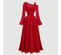 Shein Vestido de mujer de manga larga con hombros descubiertos y mangas de trompeta de malla 2 en 1 en color rojo, estilo occidental, vintage, años 70, The