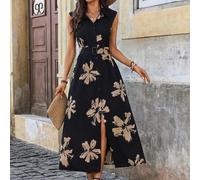 Shein Vestido de mujer de primavera/verano con cuello de camisa, cintura ceñida y botones, con estampado digital de plantas y flores en posición estratégica