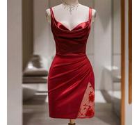 Shein Vestido de mujer de satén rojo brillante de unicolor con cuello drapeado, diseño elegante de cuello drapeado, diseño plisado, diseño floral 3D con pat