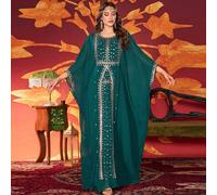 Shein Vestido de mujer de unicolor con cuello redondo, estilo árabe, decorado con lujosos bordados de cuentas, elegante y grácil, adecuado para la primavera