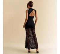 Shein Vestido de mujer negro sin mangas con cuello tipo jersery, torsión de la cintura, dobladillo de cuerda y parches de encaje semitransparente