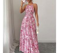 Shein Vestido de mujer sin mangas con cuello de halter, cintura ceñida y dobladillo acampanado con estampado