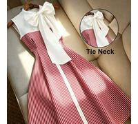 Shein Vestido de mujer sin mangas con lazo y rayas en la cintura, adecuado para ir al trabajo, compras de fin de semana, tomar el té con amigos y citas de S