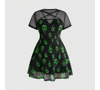 Shein Vestido de mujer talla grande con cuello redondo, estilo gótico oscuro vintage casual, estampado de pequeño diablo, patchwork de malla, decoración de