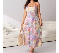 Shein Vestido de mujer talla grande morado de verano estilo boho para vacaciones y días festivos, estampado floral, tirantes ajustables, cintura ceñida, esp