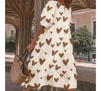 Shein Vestido de mujer tipo babydoll con estampado de corazones, volantes en el bajo y mangas abullonadas, para uso informal en verano