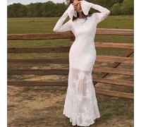 Shein Vestido de mujer tipo sirena de talla maxi, blanco, elegante, romántico y delicado, con bordado floral 3D y espalda descubierta