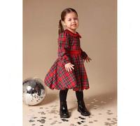 Shein Vestido de Navidad de manga larga con cuello Peter Pan y estampado de tartán a cuadros para niñas con bajo de globo