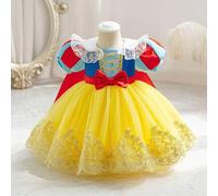Shein Vestido de Navidad para niña con capa, vestido de princesa de manga abullonada de tul, vestido formal con adorno de encaje floral de malla amarilla y